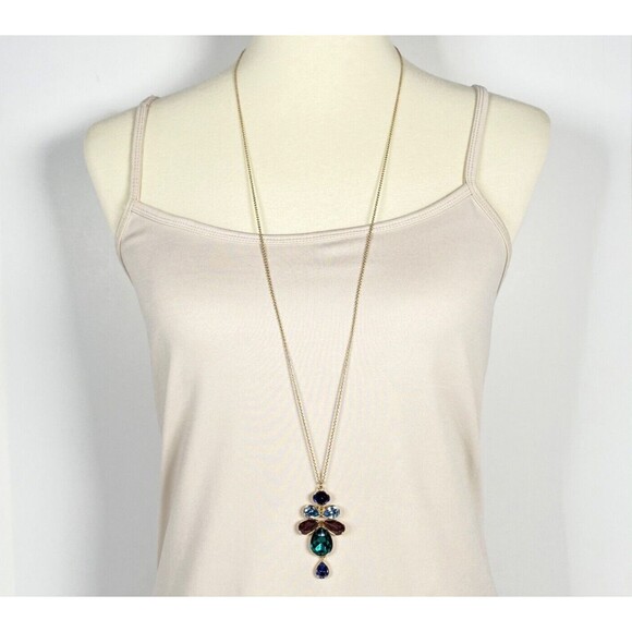 Colorful Rhinestone Statement Necklace Gold Tone Pendant Long Art Nouveau Style - Picture 3 of 8